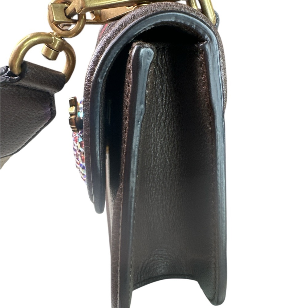 GUCCI Crystal Heart Brown Crossbody Bag with Green-Red Web Strap - Picture 5 of 8